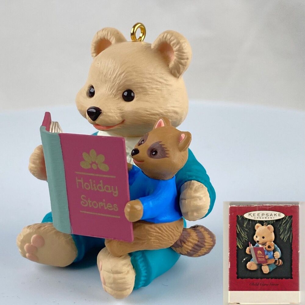 Hallmark Child Care Giver Bear & Raccoon Reading Keepsake Ornament 1994